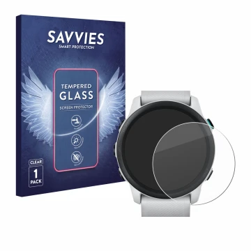 Parte frontal de un envase de producto con el logotipo de la marca Savvies. Al lado se muestra el dispositivo Garmin Forerunne