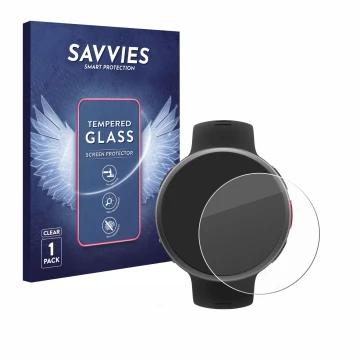 Parte frontal de un envase de producto con el logotipo de la marca Savvies. Al lado se muestra el dispositivo Polar Vantage V2