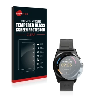 Parte frontal de un envase de producto con el logotipo de la marca Savvies. Al lado se muestra el dispositivo Montblanc Summit