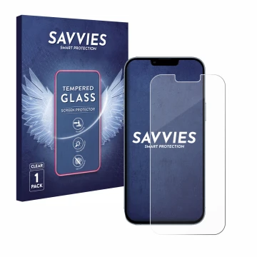 Parte frontal de un envase de producto con el logotipo de la marca Savvies. Al lado se muestra el dispositivo Apple iPhone 13 