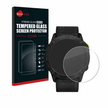 Parte frontal de un envase de producto con el logotipo de la marca Savvies. Al lado se muestra el dispositivo Garmin Enduro co