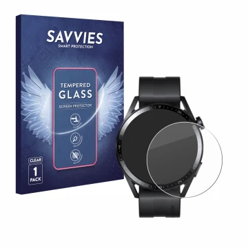 Parte frontal de un envase de producto con el logotipo de la marca Savvies. Al lado se muestra el dispositivo Huawei Watch GT 