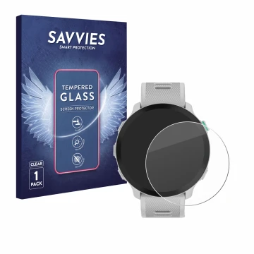 Parte frontal de un envase de producto con el logotipo de la marca Savvies. Al lado se muestra el dispositivo Garmin Forerunne