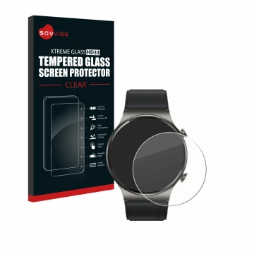 Parte frontal de un envase de producto con el logotipo de la marca Savvies. Al lado se muestra el dispositivo Huawei Watch GT 
