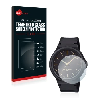 Parte frontal de un envase de producto con el logotipo de la marca Savvies. Al lado se muestra el dispositivo Casio Unisex MW-