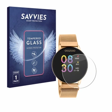 Parte frontal de un envase de producto con el logotipo de la marca Savvies. Al lado se muestra el dispositivo Oozoo Q00117 con