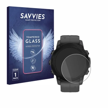 Parte frontal de un envase de producto con el logotipo de la marca Savvies. Al lado se muestra el dispositivo Garmin Descent G
