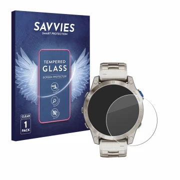 Parte frontal de un envase de producto con el logotipo de la marca Savvies. Al lado se muestra el dispositivo Garmin D2 Mach 1