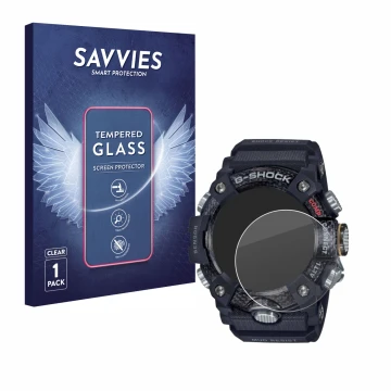 Parte frontal de un envase de producto con el logotipo de la marca Savvies. Al lado se muestra el dispositivo Casio G-Shock Mu