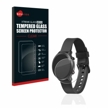 Parte frontal de un envase de producto con el logotipo de la marca Savvies. Al lado se muestra el dispositivo Doro Watch con s