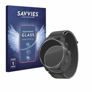 Parte frontal de un envase de producto con el logotipo de la marca Savvies. Al lado se muestra el dispositivo Coros Apex 2 Pro