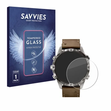 Parte frontal de un envase de producto con el logotipo de la marca Savvies. Al lado se muestra el dispositivo Garmin Marq Adve