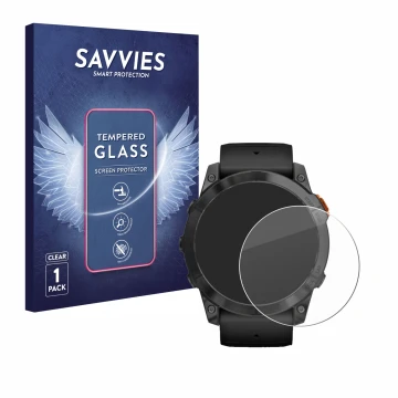 Parte frontal de un envase de producto con el logotipo de la marca Savvies. Al lado se muestra el dispositivo Garmin Fenix 7X 