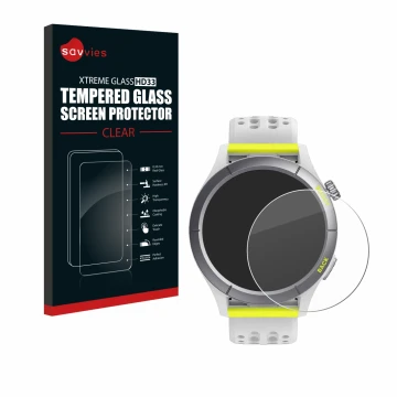 Parte frontal de un envase de producto con el logotipo de la marca Savvies. Al lado se muestra el dispositivo Huami Amazfit Ch