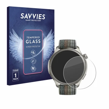 Parte frontal de un envase de producto con el logotipo de la marca Savvies. Al lado se muestra el dispositivo Huami Amazfit Ba