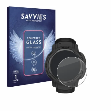 Parte frontal de un envase de producto con el logotipo de la marca Savvies. Al lado se muestra el dispositivo Garmin Instinct 