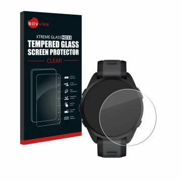 Parte frontal de un envase de producto con el logotipo de la marca Savvies. Al lado se muestra el dispositivo Garmin Forerunne