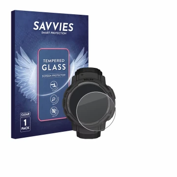 Parte frontal de un envase de producto con el logotipo de la marca Savvies. Al lado se muestra el dispositivo Garmin Instinct 