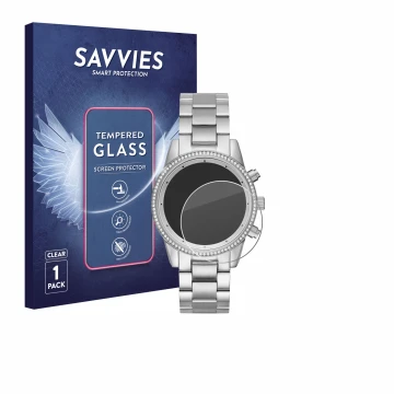 Parte frontal de un envase de producto con el logotipo de la marca Savvies. Al lado se muestra el dispositivo Michael Kors Rit