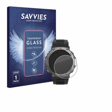 Parte frontal de un envase de producto con el logotipo de la marca Savvies. Al lado se muestra el dispositivo Huami Amazfit T-