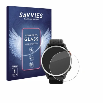 Parte frontal de un envase de producto con el logotipo de la marca Savvies. Al lado se muestra el dispositivo Garmin Approach 