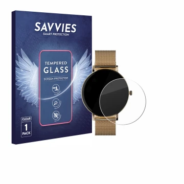 Parte frontal de un envase de producto con el logotipo de la marca Savvies. Al lado se muestra el dispositivo ZenWatch Venice 