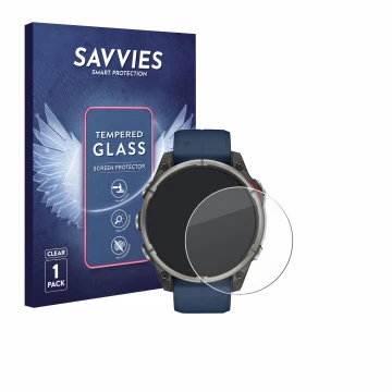 Parte frontal de un envase de producto con el logotipo de la marca Savvies. Al lado se muestra el dispositivo Garmin quatix 8 
