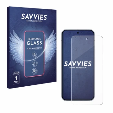 Parte frontal de un envase de producto con el logotipo de la marca Savvies. Al lado se muestra el dispositivo Google Pixel 10 