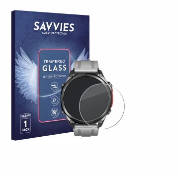 Parte frontal de un envase de producto con el logotipo de la marca Savvies. Al lado se muestra el dispositivo Doogee Anywise W