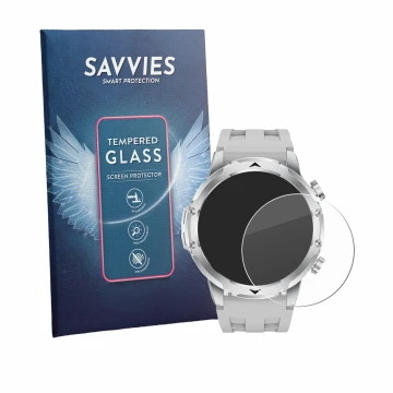 Parte frontal de un envase de producto con el logotipo de la marca Savvies. Al lado se muestra el dispositivo FitVigor Smartwa