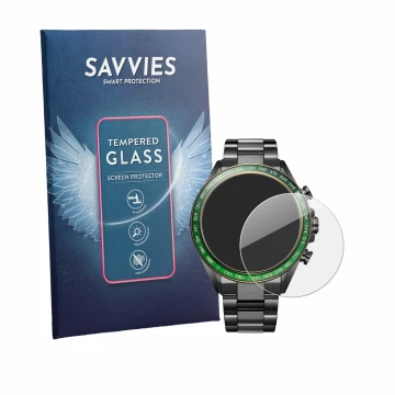 Parte frontal de un envase de producto con el logotipo de la marca Savvies. Al lado se muestra el dispositivo Citizen Attesa E