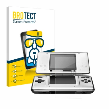 Parte frontal de un envase de producto con el logotipo de la marca BROTECT. Al lado se muestra el dispositivo Nintendo DS con 