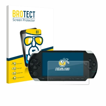 Parte frontal de un envase de producto con el logotipo de la marca BROTECT. Al lado se muestra el dispositivo Sony PSP 1000 co