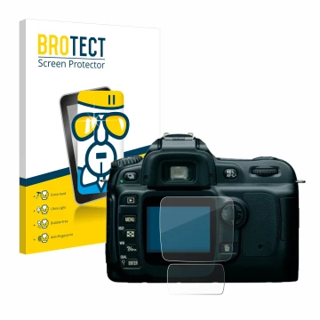 Parte frontal de un envase de producto con el logotipo de la marca BROTECT. Al lado se muestra el dispositivo Nikon D50 con su