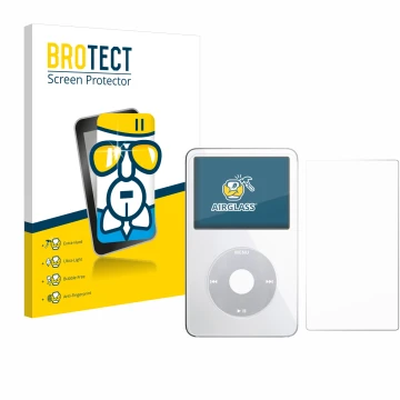 Parte frontal de un envase de producto con el logotipo de la marca BROTECT. Al lado se muestra el dispositivo Apple iPod Class