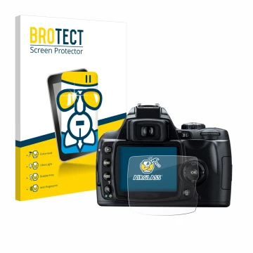 Parte frontal de un envase de producto con el logotipo de la marca BROTECT. Al lado se muestra el dispositivo Nikon D40 con su