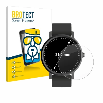 Parte frontal de un envase de producto con el logotipo de la marca BROTECT. Al lado se muestra el dispositivo Relojes (circula