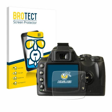 Parte frontal de un envase de producto con el logotipo de la marca BROTECT. Al lado se muestra el dispositivo Nikon D40x con s