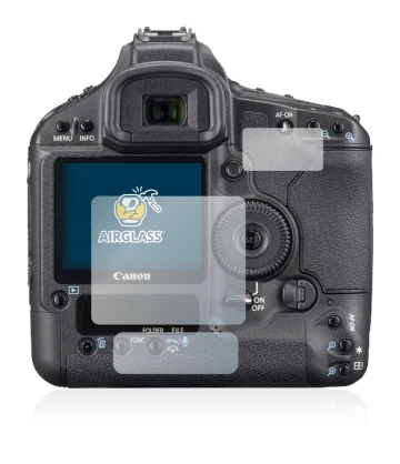 Parte frontal de un envase de producto con el logotipo de la marca BROTECT. Al lado se muestra el dispositivo Canon EOS 1Ds Ma
