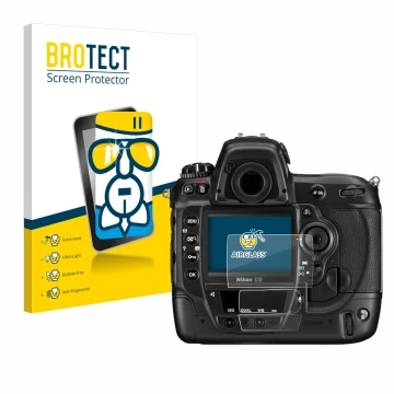 Parte frontal de un envase de producto con el logotipo de la marca BROTECT. Al lado se muestra el dispositivo Nikon D3 con su 