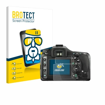 Parte frontal de un envase de producto con el logotipo de la marca BROTECT. Al lado se muestra el dispositivo Pentax K20D con 