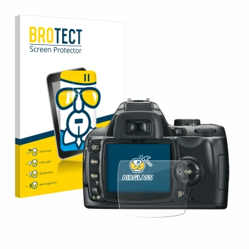 Parte frontal de un envase de producto con el logotipo de la marca BROTECT. Al lado se muestra el dispositivo Nikon D60 con su