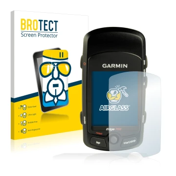 Parte frontal de un envase de producto con el logotipo de la marca BROTECT. Al lado se muestra el dispositivo Garmin Edge 705 