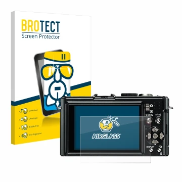 Parte frontal de un envase de producto con el logotipo de la marca BROTECT. Al lado se muestra el dispositivo Leica D-Lux 4 co