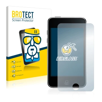 Parte frontal de un envase de producto con el logotipo de la marca BROTECT. Al lado se muestra el dispositivo Apple iPod Touch