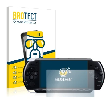 Parte frontal de un envase de producto con el logotipo de la marca BROTECT. Al lado se muestra el dispositivo Sony PSP 3004 co