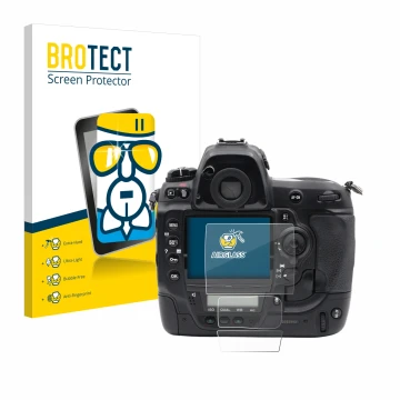 Parte frontal de un envase de producto con el logotipo de la marca BROTECT. Al lado se muestra el dispositivo Nikon D3x con su