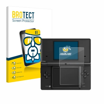 Parte frontal de un envase de producto con el logotipo de la marca BROTECT. Al lado se muestra el dispositivo Nintendo DSi con