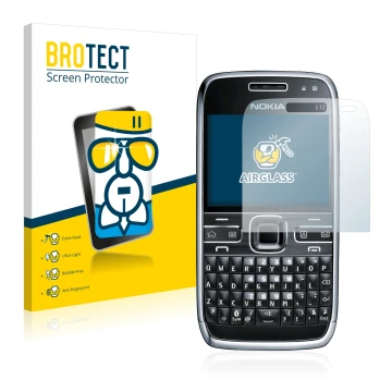 Parte frontal de un envase de producto con el logotipo de la marca BROTECT. Al lado se muestra el dispositivo Nokia E72 con su