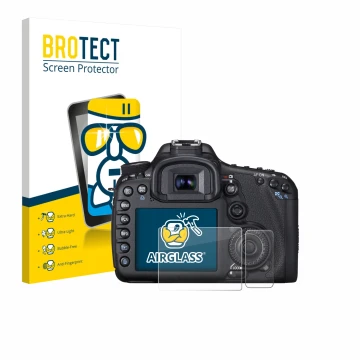 Parte frontal de un envase de producto con el logotipo de la marca BROTECT. Al lado se muestra el dispositivo Canon EOS 7D con